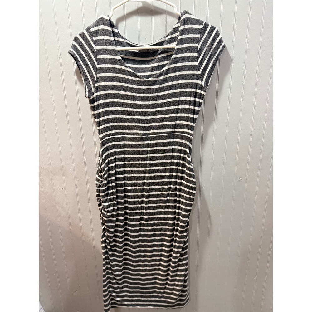 Loveappella Grey White Striped Ruched V-Neck Midi Dress XS‎ M6383-K42